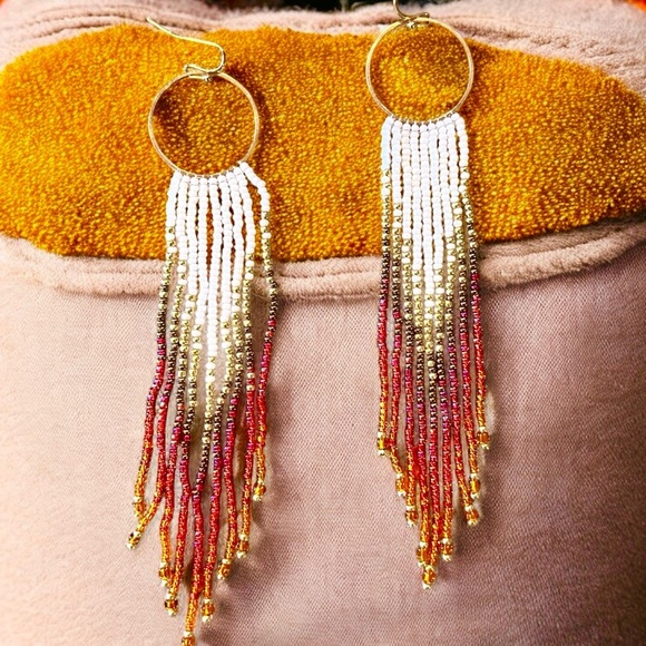Sunset Ombré Beaded Fringe Earrings: Seed Bead Boho Earrings Chandelier Earrings - Picture 6 of 16
